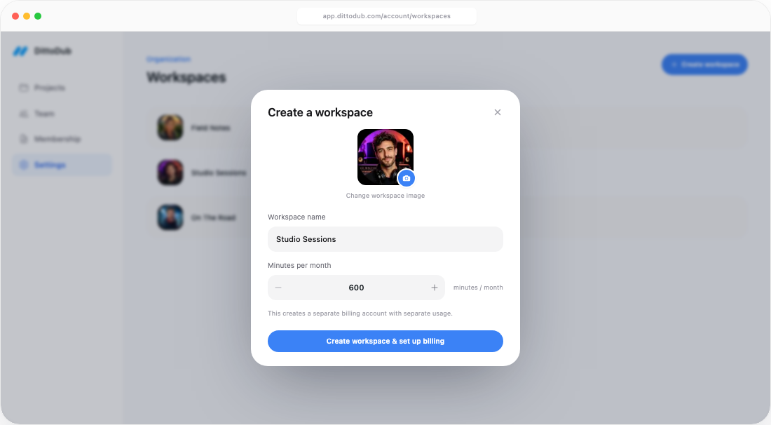 Creating a new DittoDub workspace with a name, image, and monthly minutes