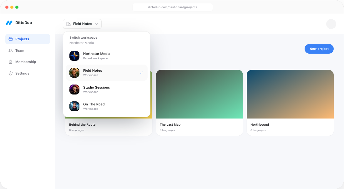 The DittoDub workspace switcher showing a parent account and three child workspaces